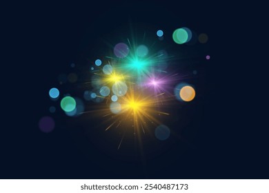 Festive Fireworks. Colorful explosion of multicolored bright fireworks lights on transparent background for design and illustrations. Vector	