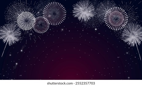 A festive fireworks display against a dark gradient background with sparkling stars, creating a celebratory and elegant design perfect for New Year, holiday events, or special occasions.