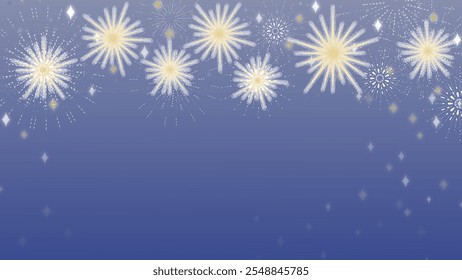 Festive fireworks display on a blue gradient background, featuring bright yellow and white starbursts for celebration and holiday themes.