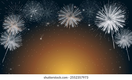 Festive fireworks display over a glowing orange gradient background with scattered sparkling stars, creating a celebratory and vibrant design perfect for New Year, holidays, or festive events.