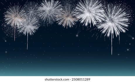 Festive fireworks display with sparkling white bursts lighting up a dark blue sky. Ideal for celebrations, New Year’s Eve, Independence Day, and festive event invitations.