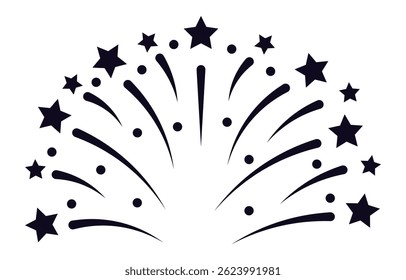 Festive fireworks exploding in a burst of black trails and stars against a clean white background, creating a celebratory and vibrant atmosphere