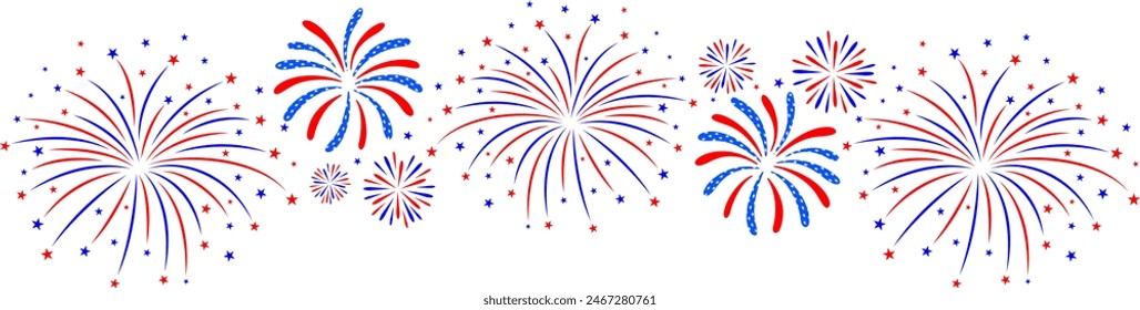 Festive fireworks. Fourth of July holiday long horizontal border. USA Independence Day Decoration. Illustration.