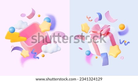 Festive fireworks gift box for children in colourful. For party surprise, celebration, birthday invitation. Vector image in cartoon style.