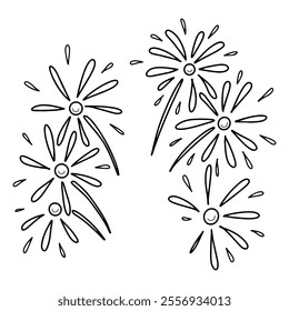 Festive fireworks hand drawn doodle. Pyrotechnics. Party. Decorative colorful lights. Event celebration. Vector line art illustration.