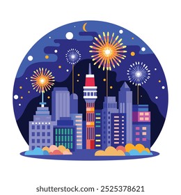 Festive fireworks illustration in flat style 