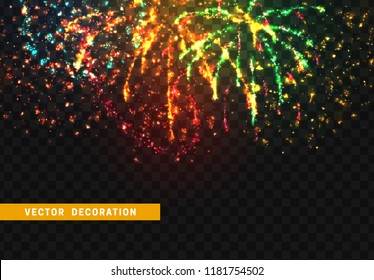 Festive fireworks isolated on transparent background. vector illustration