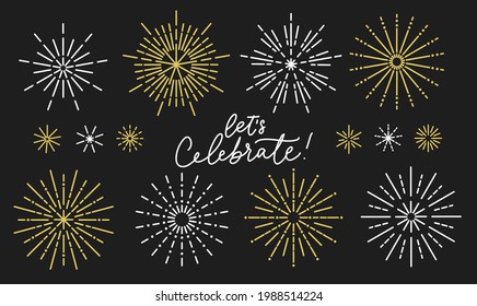 Festive fireworks isolated on white background. Flat style vector illustration. Linear fireworks icon set. Elegant festive design elements for New Year, Graduation, Birthday party, greeting card etc