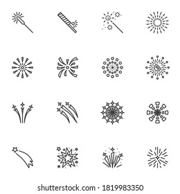 Festive fireworks line icons set, outline vector symbol collection, linear style pictogram pack. Signs, logo illustration. Set includes icons as firecracker petard, rocket, star explosion