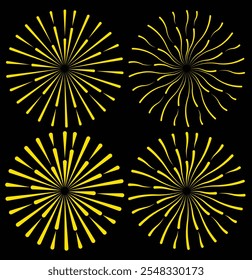 Festive fireworks line set. Firework, restive spark isolated vector. Radial circular sunburst collection.