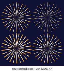 Festive fireworks line set. Firework, restive spark isolated vector. Radial circular sunburst collection.