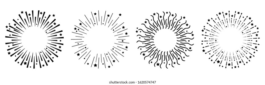 Festive fireworks line set. Star sparkle sunburst round frame. Black shine line burst. Happy New Year decoration. Merry Christmas. Cracker light. Firecracker burst. Flat design White background Vector