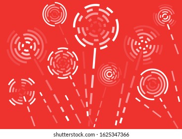 Festive fireworks made of dashed lines and arcs using transparency on a red background.