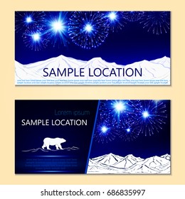 Festive fireworks, mountains and sample text layout .Vector.