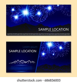 Festive fireworks, mountains and sample text layout .Vector.