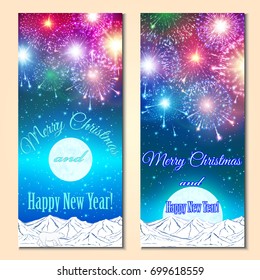 Festive fireworks, mountains and sample text layout .