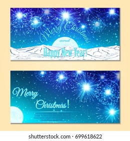 Festive fireworks, mountains and sample text layout .