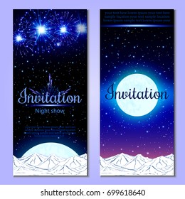 Festive fireworks, mountains and sample text layout .