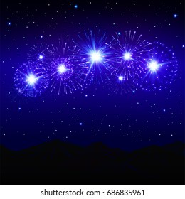Festive fireworks and mountains .Vector.