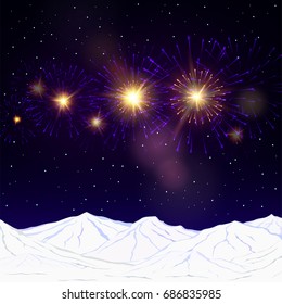 Festive fireworks and mountains .Vector.
