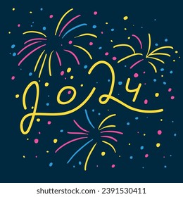 Festive fireworks in the night sky. Calligraphy of numbers 2024. New year and christmas celebration with salute. Illustration in flat cartoon graphic style. Handwritten text on a dark background.