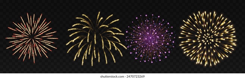 Festive fireworks in night sky realistic vector illustration set. Awe explosions for holiday event 3d elements on transparent background