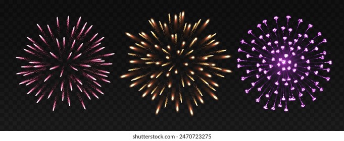 Festive fireworks in night sky realistic vector illustration set. Awe explosions for holiday event 3d elements on transparent background