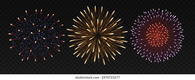 Festive fireworks in night sky realistic vector illustration set. Awe explosions for holiday event 3d elements on transparent background