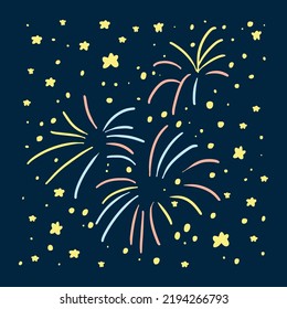 Festive fireworks in the night starry sky. Myriads of stars with flashes of fireworks on the occasion of the celebration. Illustration in flat cartoon style. Dots with curves on a dark background.