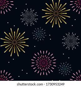 Festliches Feuerwerk auf dunklem Hintergrund. Vector Illustration von blinkenden Farben. Einfache Wohnung.