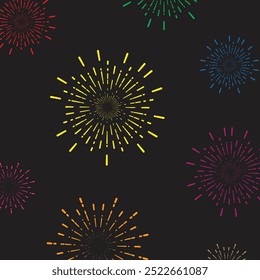 Fuegos artificiales festivos sobre un fondo oscuro. Ilustración vectorial de destellos de color brillante. Estilo plano simple.