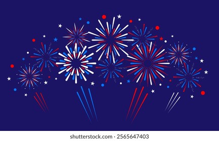 Festive fireworks on July 4th. Fireworks with stars and sparks in honor of the Independence of the United States. Fireworks in the colors of the national flag of the United States - white, red, blue