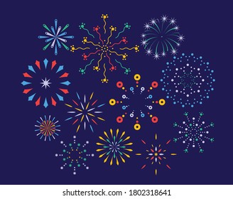 Festive fireworks on a night background. Colorful bright fireworks in the night sky. Celebration fireworks. Background for festive design, party. Pyrotechnics firecracker background