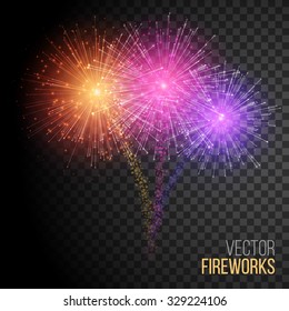 Festive Fireworks on Transparent Background. Celebrating Christmas, New Year, National Holidays Concept. Vector Illustration.