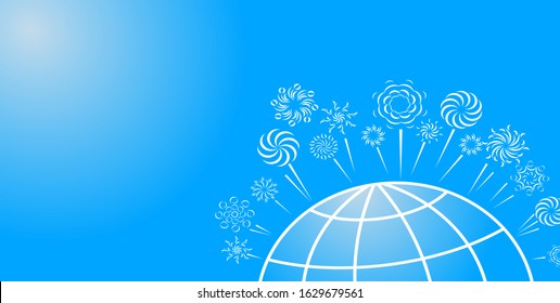 Festive fireworks over part of the globe on a light blue background. Vector.