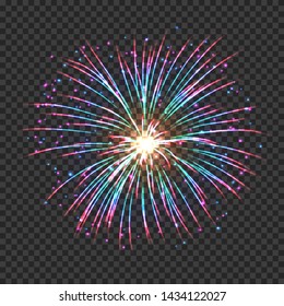Festive fireworks with pink and blue shining sparks. Colorful pyrotechnics vector element. Realistic fireworks celebration isolated on transparent background. Fantastic light performance in night sky.