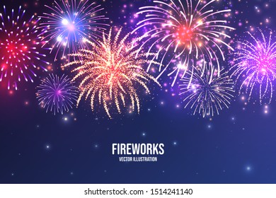 Festive fireworks. Realistic colorful firework on blue abstract background. Multicolored explosion. Christmas or New Year greeting card. Diwali festival of lights. Vector illustration.