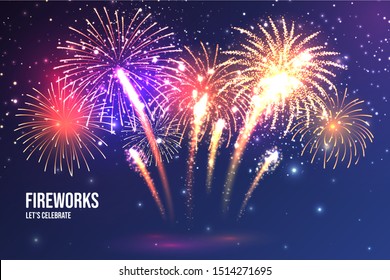 Festive fireworks. Realistic colorful firework on blue abstract background. Multicolored explosion. Christmas or New Year greeting card. Diwali festival of lights. Vector illustration.