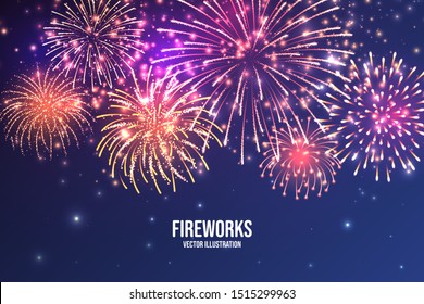 Festive fireworks. Realistic colorful firework on blue abstract background. Multicolored explosion. Christmas or New Year greeting card. Diwali festival of lights. Vector illustration.