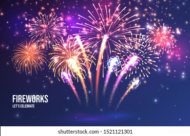 Festive fireworks. Realistic colorful firework on blue abstract background. Multicolored explosion. Christmas or New Year greeting card. Diwali festival of lights. Vector illustration.