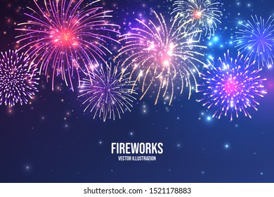 Festive fireworks. Realistic colorful firework on blue abstract background. Multicolored explosion. Christmas or New Year greeting card. Diwali festival of lights. Vector illustration.