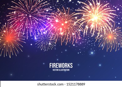 Festive fireworks. Realistic colorful firework on blue abstract background. Multicolored explosion. Christmas or New Year greeting card. Diwali festival of lights. Vector illustration.