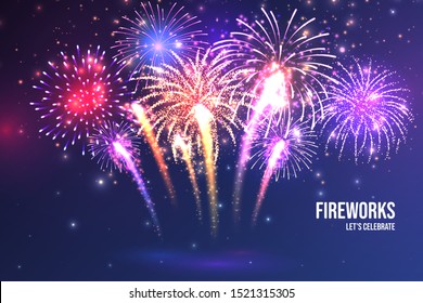 Festive fireworks. Realistic colorful firework on blue abstract background. Multicolored explosion. Christmas or New Year greeting card. Diwali festival of lights. Vector illustration.