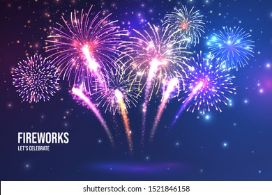 Festive fireworks. Realistic colorful firework on blue abstract background. Multicolored explosion. Christmas or New Year greeting card. Diwali festival of lights. Vector illustration.