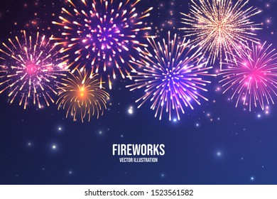 Festive fireworks. Realistic colorful firework on blue abstract background. Multicolored explosion. Christmas or New Year greeting card. Diwali festival of lights. Vector illustration.