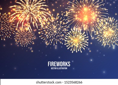 Festive fireworks. Realistic colorful firework on blue abstract background. Multicolored explosion. Christmas or New Year greeting card. Diwali festival of lights. Vector illustration.