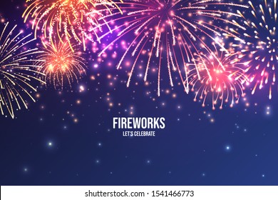 Festive fireworks. Realistic colorful firework on blue abstract background. Multicolored explosion. Christmas or New Year greeting card. Diwali festival of lights. Vector illustration.