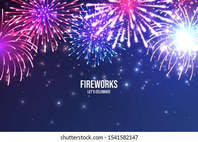 Festive fireworks. Realistic colorful firework on blue abstract background. Multicolored explosion. Christmas or New Year greeting card. Diwali festival of lights. Vector illustration.