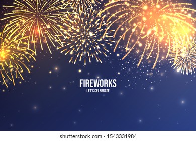 Festive fireworks. Realistic colorful firework on blue abstract background. Multicolored explosion. Christmas or New Year greeting card. Diwali festival of lights. Vector illustration.