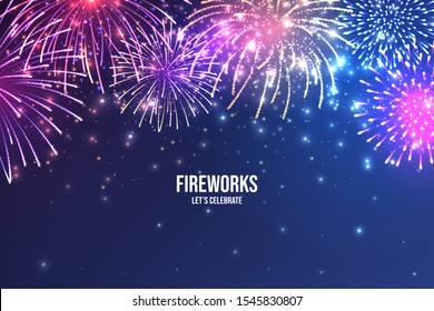 Festive fireworks. Realistic colorful firework on blue abstract background. Multicolored explosion. Christmas or New Year greeting card. Diwali festival of lights. Vector illustration.